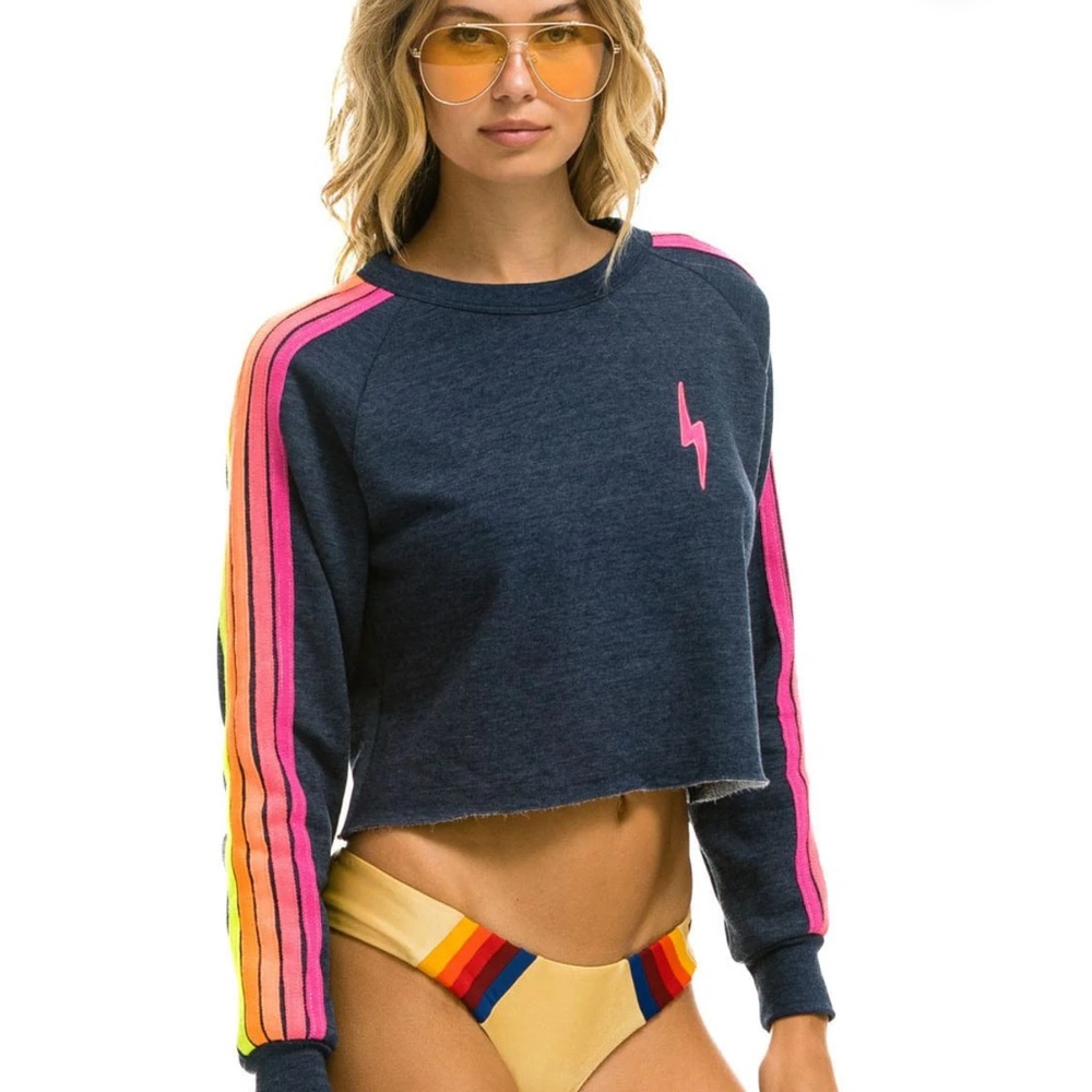 Aviator Nation BOLT EMBROIDERY CLASSIC CROPPED CREW SWEATSHIRT - HEATHER NAVY